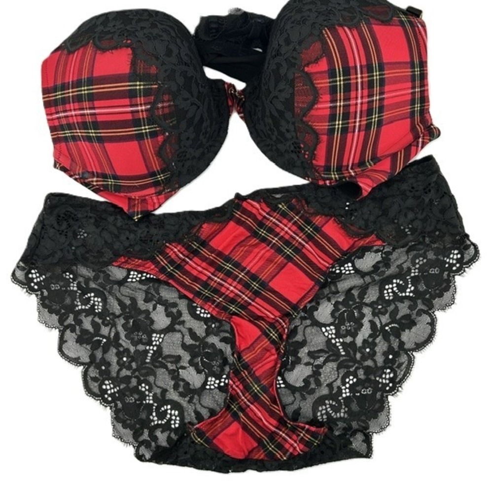 Cacique Red Plaid Lace Bra 46C and Panty Set 22/24 Racerback Front Close